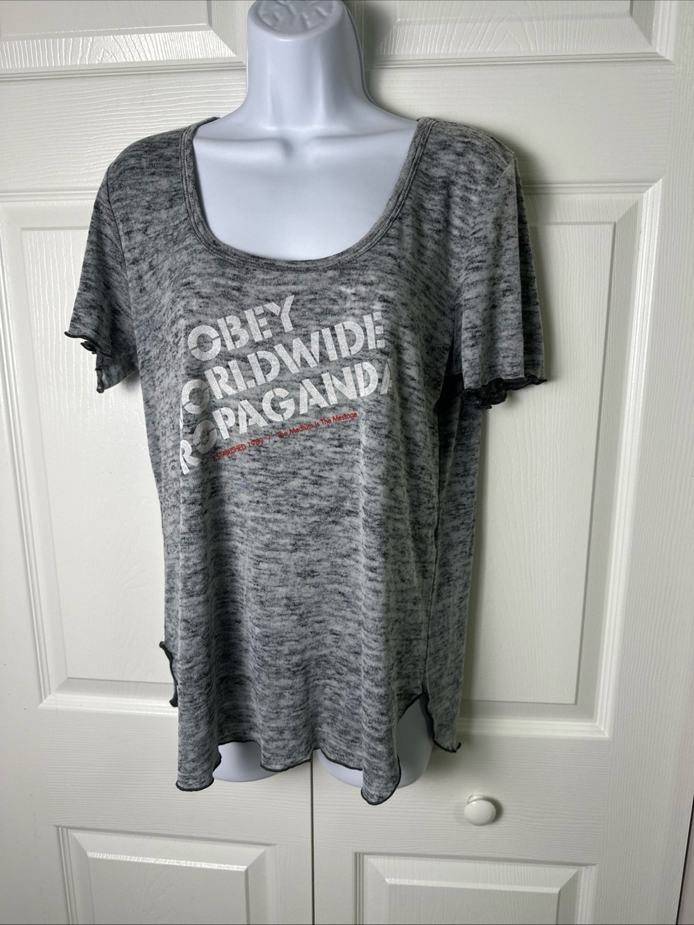 Obey Gray Marled Graphic Scoop Neck Tee with White & Red Print